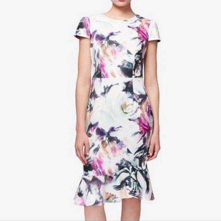 Betsey Johnson Floral Print Dress Ruffle Hem Women's 12 Short Sleeve Retro New